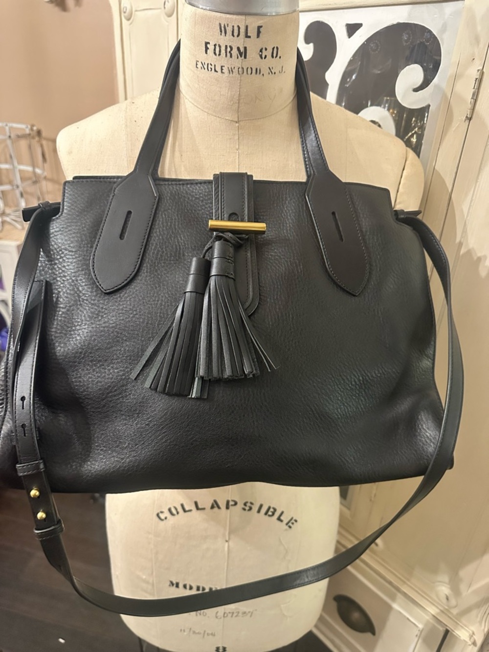 Anne Klein Black Pebble Leather Tassel Shoulder Bag